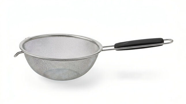 A silver metal mesh kitchen strainer with a black handle on a white background.