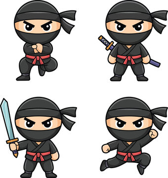 Four Cute Cartoon Ninjas In Different Poses With Swords And Nunchucks  