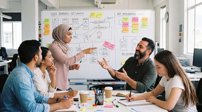 Brainstorming Session: A diverse group of colleagues gathers around a table, engaging in an animated discussion, brainstorming ideas, and collaborating on a project, illuminated by a bright.