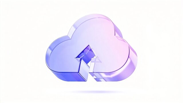3D glass cloud with upload arrow blue and pink gradient isolated on white background symbolizing data transfer storage modern technology digital innovation internet software comput
