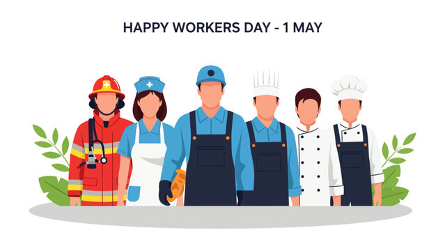 Happy Workers Day - A Representation of Essential Services: A diverse group of frontline workers including a firefighter, nurse, mechanic, chef, and baker stand united.