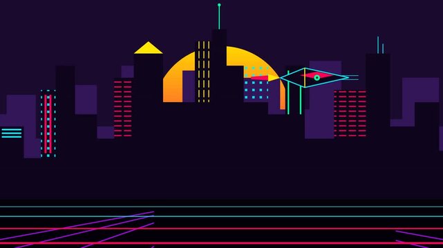 Retro synthwave neon city skyline animation