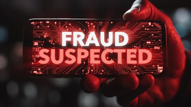 Fraud Suspected Message on Smartphone Screen with Circuit Board Design.