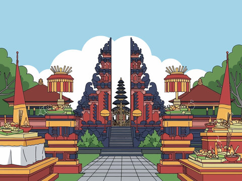 Stylized illustration of a Balinese temple entrance with offerings