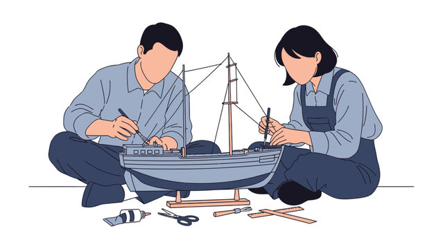 Model Ship Building Project: A man and woman sit side-by-side, focused on assembling a detailed model ship, surrounded by tools and materials, enjoying a shared hobby.