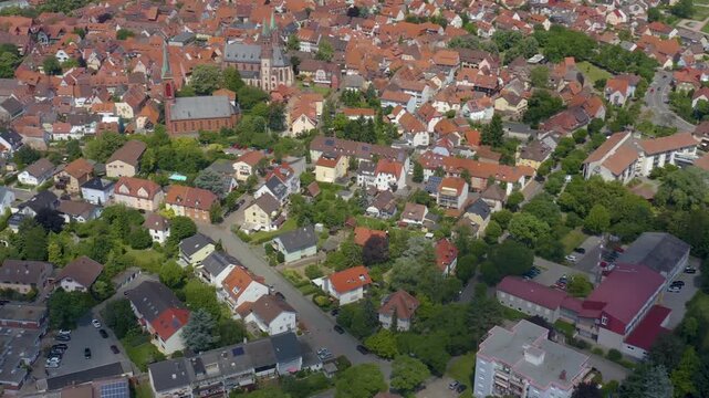 Aerial wide view around the old town of the city Ladenburg in south Germany beside Mannheim  on a sunny summer day