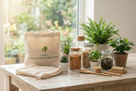 Eco friendly packaging with plants and natural products, sustainable zero waste lifestyle concept