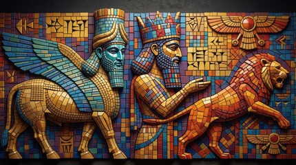 Fototapeta premium Ancient Mesopotamian Mosaic Art Mosaic Ancient Art Mesopotamia King Lion Mythical Creature Colorful. Concept featuring mosaic, ancient art, mesopotamia, king, lion for professional commercial design.
