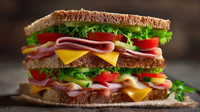 A delicious sandwich with ham, cheese, lettuce, and tomato on whole wheat bread