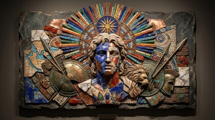 Obraz premium Colorful Mosaic Wall Art of a Warrior Mosaic Wall Art Warrior Sculpture Colorful Decorative Artistic. Concept featuring mosaic, wall art, warrior, sculpture, colorful for professional commercial de...