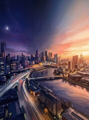 Fototapeta premium City Skyline at Dusk with River City Skyline Dusk River Urban Landscape Traffic Light Trails Sunset. Concept featuring city skyline, dusk, river, urban landscape, traffic for professional commercia...