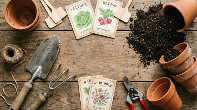 Gardening tools and seed packet for spring planting. Flat lay of soil, terracotta pot, shovel and rake on rustic wooden table. Hobby of agricultural work for vegetable and wildflower farm cultivation