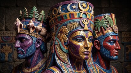 Fototapeta premium Colorful Mosaic Statues of Ancient Egyptian Figures Mosaic Egyptian Art Sculpture Colorful Ancient History Royalty Statues. Concept featuring mosaic, egyptian art, sculpture, colorful, ancient hist...