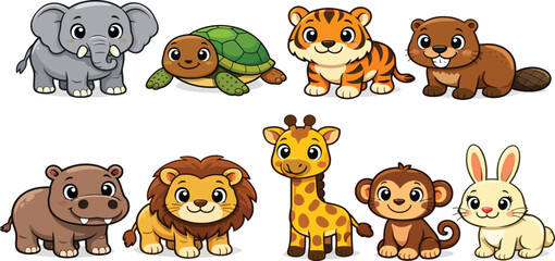Fototapeta premium Cute vector animal icon set featuring cats, dogs, lions, bears, elephants and other animals in a simple black silhouette style collection