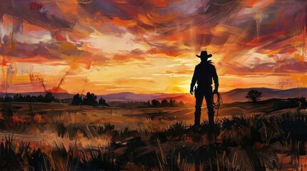 Fototapeta premium Cowboy Silhouette at Sunset Cowboy Silhouette Sunset Landscape Western Ranch Nature. Concept featuring cowboy, silhouette, sunset, landscape, western for professional commercial design.