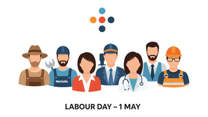 Labour Day - 1 May: A diverse group of workers representing various professions stands together, celebrating Labour Day on May 1st with a sense of unity and pride. The illustration features a farmer. © Halima