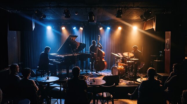 Jazz trio performing music on stage in a dark club. Men playing piano, double bass and drums for an audience. Live concert atmosphere with spotlights and night entertainment event in a pub venue