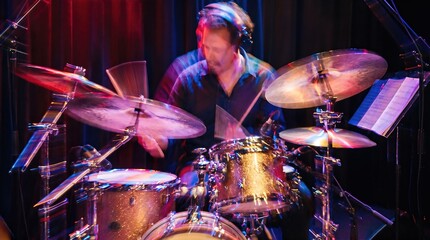 Obraz premium Man drummer playing jazz music on drum set with motion blur effect. Professional musician performing at concert stage. Energetic rhythmic instrumental performance, live show concept and creative art