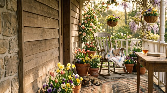 Rustic farmhouse porch decorated with spring flowers. Rocking chair with quilt and sleeping cat on wooden deck. Cozy outdoor home garden