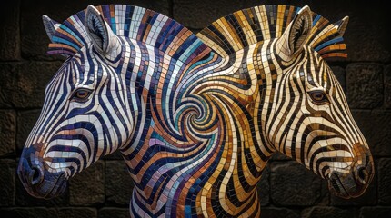 Obraz premium Artistic Mosaic of Two Zebras Zebra Mosaic Animal Colorful Design Nature Wildlife. Concept featuring zebra, mosaic, animal, colorful, design for professional commercial design.