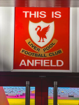 Inside the Liverpool Football Stadium at Anfield. Liverpool, UK.