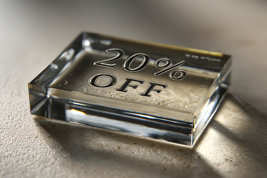 A glass paperweight with a 20 percent off discount message on a textured surface