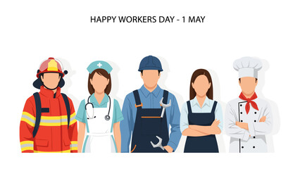 Naklejka premium Workers Day Celebration: A diverse group of professionals including a firefighter, nurse, mechanic, and chef stand together to celebrate Workers Day.