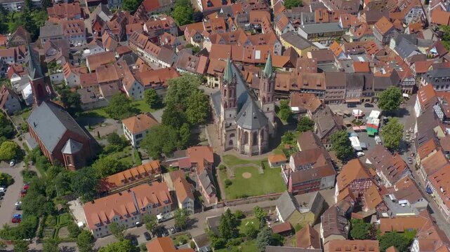 Aerial wide view around the old town of the city Ladenburg in south Germany beside Mannheim  on a sunny summer day