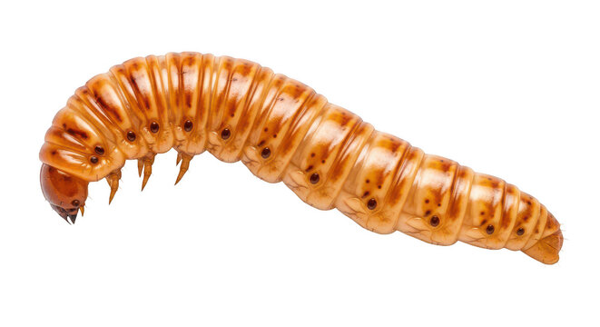 A close-up view of a brown and segmented caterpillar on a plain background isolated on transparent background