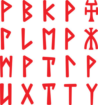 Red Elder Futhark Runes Alphabet Symbols on a White Background  