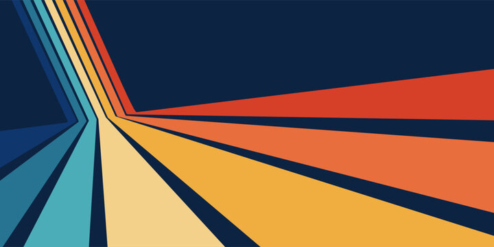 Abstract retrofuturism 70s background with rainbow wave stripes, vintage wavy lines, colorful retro vector pattern, 3D perspective striped wallpaper 