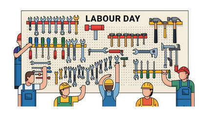 Labour Day Appreciation: A group of workers stands before a pegboard displaying an array of tools, with the words Labour Day prominently displayed, celebrating the contributions of manual laborers. © Halima