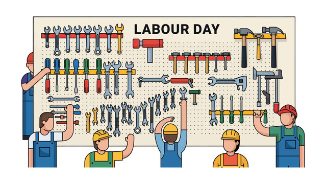 Labour Day Appreciation: A group of workers stands before a pegboard displaying an array of tools, with the words Labour Day prominently displayed, celebrating the contributions of manual laborers.