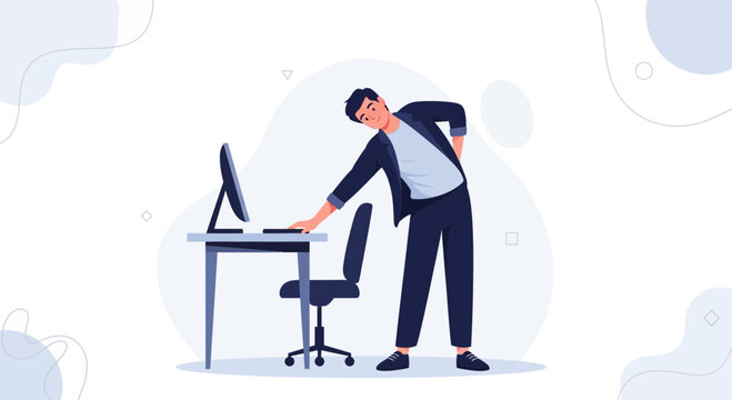 Man stretching back at office desk, back pain, office worker health, ergonomic posture
