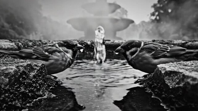 Black and white still shot of two sparrows drinking water from an ornate garden fountain, nature scene