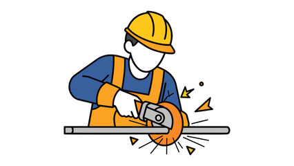 Fototapeta premium Worker Grinding Metal: A construction worker in a hard hat and safety vest uses an angle grinder to cut through a metal pipe, creating sparks and demonstrating precision in industrial work.