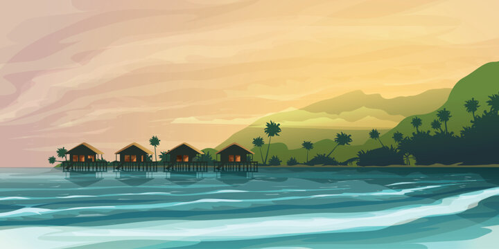 a tropic sunset over water bungalows silhouettes