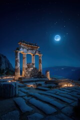 Fototapeta premium Space universe exploration, fantasy. A nighttime photograph of an ancient temple complex. The temple is illuminated by the moonlight, casting a soft glow on its pillars and stone structures.