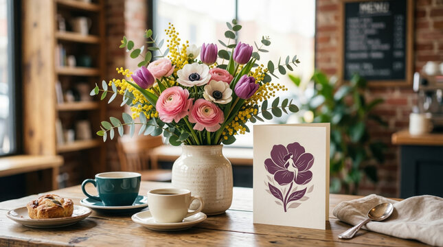 International Women's Day, product still life family group, product still life, family group, cafe setting, eye level, ideal for commercial projects.