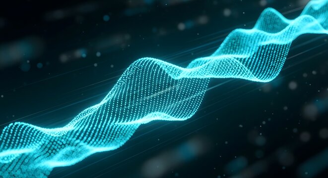 Abstract digital data wave made of glowing blue dots moving in rhythmic pattern on dark technology background