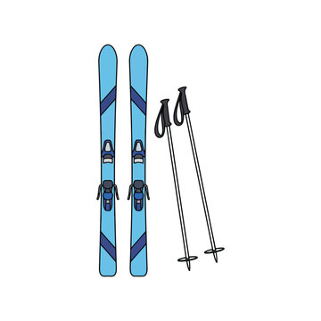 Pair of skis and ski poles for winter sport and snow recreation