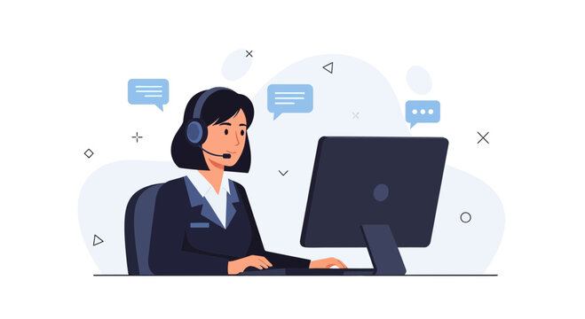 Customer service agent with headset working on computer, communication concept