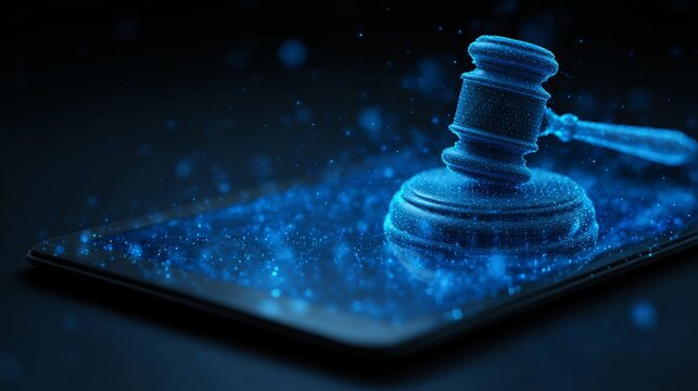 A blue gavel on a tablet with digital particles surrounding it in a dark background
