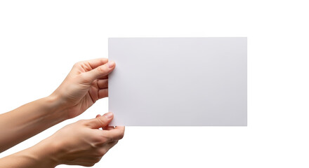 Obraz premium Closeup of a womans hands holding a blank white sheet of paper isolated on transparent background