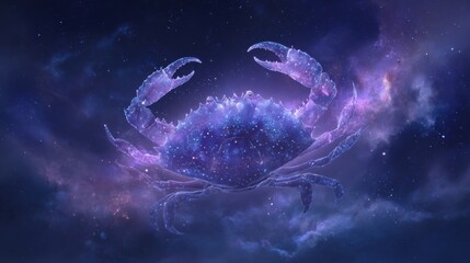 Fototapeta premium Space universe exploration, fantasy. A vivid digital artwork depicts a cosmic scene. A large, luminous crab is the central subject, surrounded by a vast expanse of stars and nebulae.