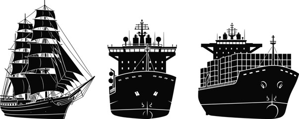 Silhouettes of sailing ship, naval vessel, and container cargo ship, representing maritime transport, naval history, and modern shipping industry evolution © Kajal