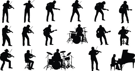 Fototapeta premium Silhouettes of musicians playing violin, guitar, drums, and piano, representing live music performance, artistic expression, and instrumental illustration artwork