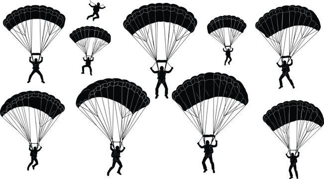 Silhouettes of parachutists descending with open parachutes and one freefall figure, representing skydiving, aerial sport, military jump, and adventure activity