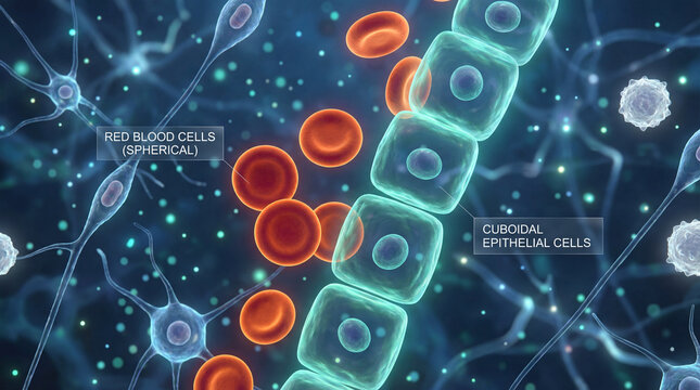 Microscopic view of red blood cells, cuboidal epithelial cells, and nerve cells. Perfect for biology textbooks, medical presentations, and educational materials.