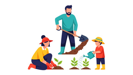 Fototapeta premium Cultivating Bonds: A family works together in their garden, nurturing plants and each other with care, love, and a shared passion for growth.